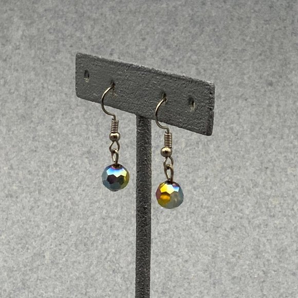 Iridescent Faceted Multicolor Earrings Silver Hook Pierced Dangle - Picture 3 of 4